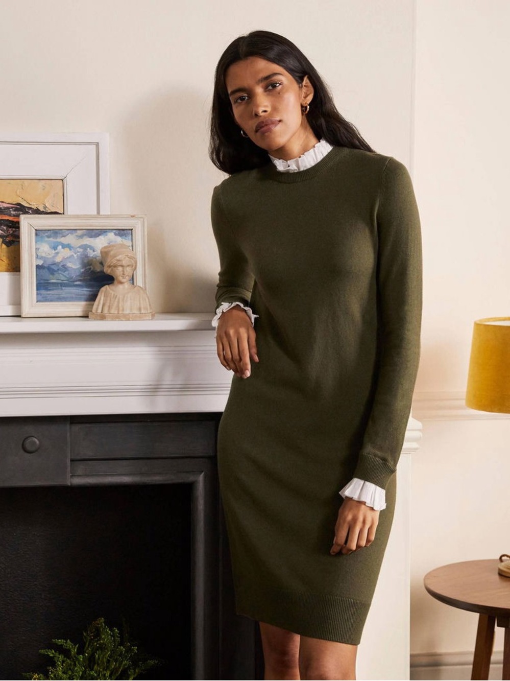 Boden Olive Long-Sleeve Sweater Dress with Ruffle Trim